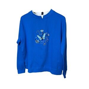 Gold Coast Royal Blue Butterfly Embroidered Cotton Sweatshirt Womens Large